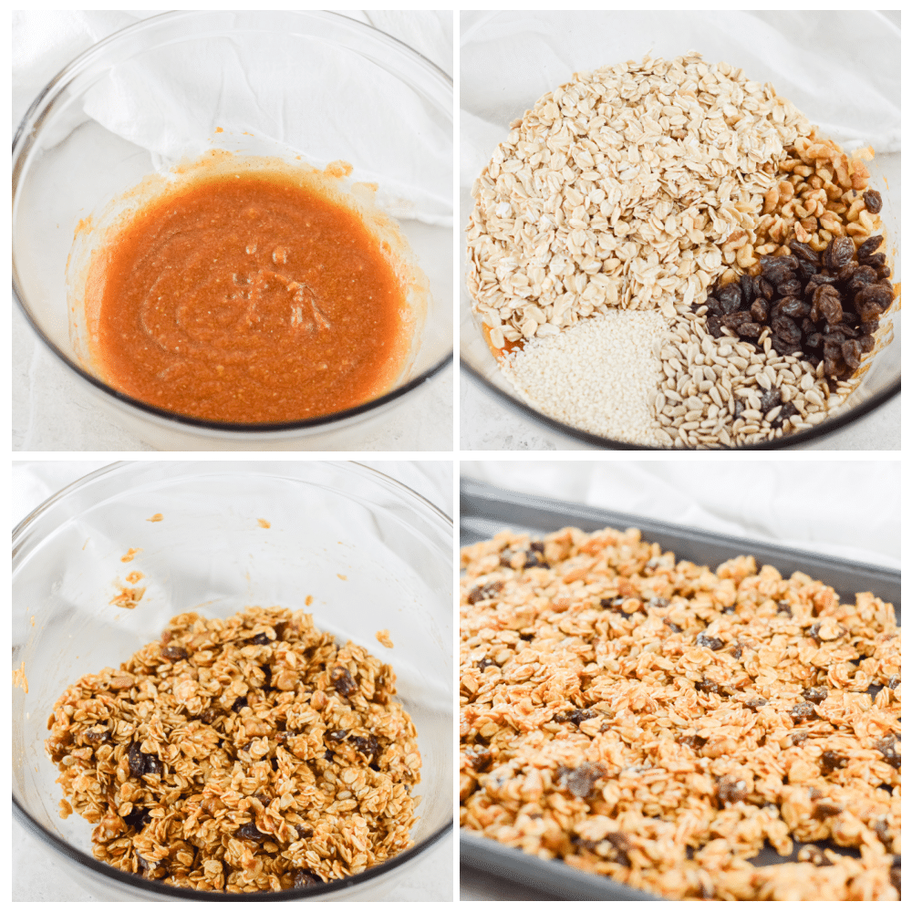 4 picture collage showing the mixing of ingredients for pumpkin spice granola and then the end result of baked granola on a baking tray