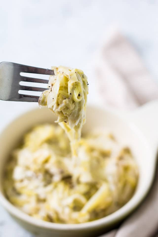 Creamed leek noodles twirled and scooped with a fork