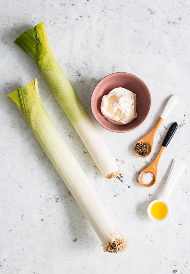 Overhead shot of ingredients required for creamy leeks