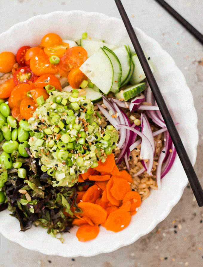 Rainbow Brown Rice and Sesame Vegetable Bowl
