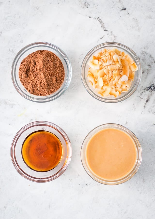 Overhead shot of simple ingredients required to make coconut and cocoa bites