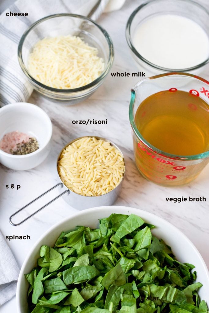 Labelled ingredient shot of everything required to make creamy orzo with spinach