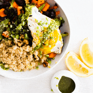 Winter Vegetable Quinoa Bowl with Basil Hummus Dressing