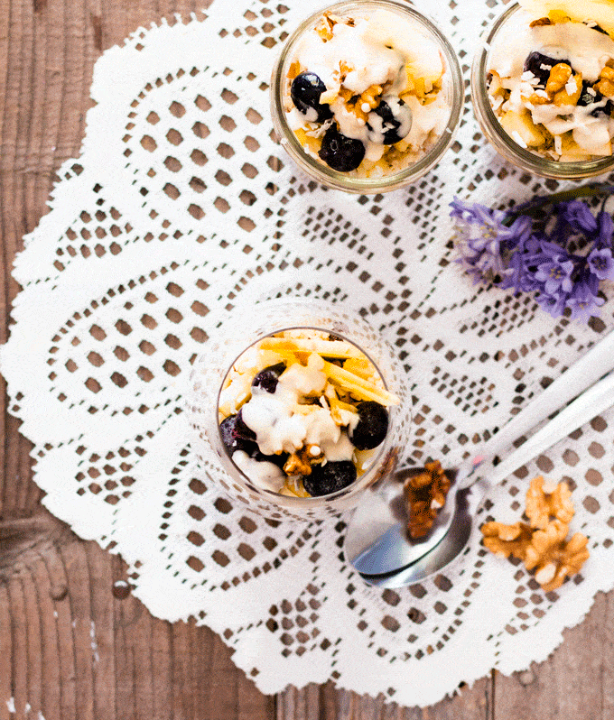 Apple and Blueberry Quinoa Breakfast Pots with Maple Yoghurt Dressing