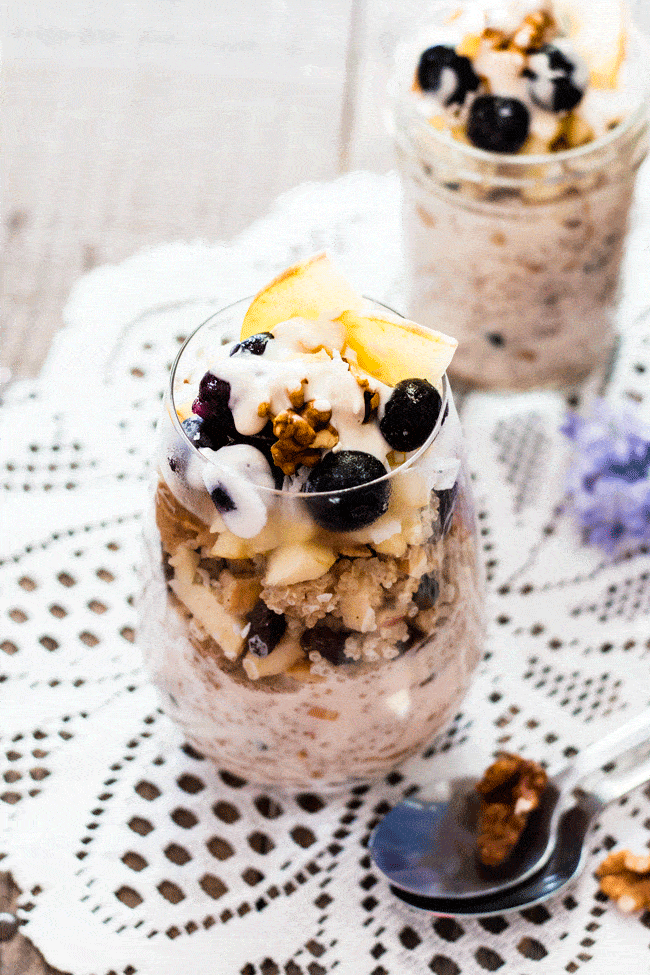 Apple and Blueberry Quinoa Breakfast Pots with Maple Yoghurt Dressing