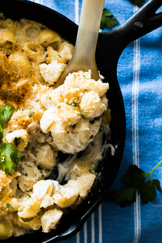 Gruyere and Cauliflower Mac and Cheese Recipe. Lightened up Mac and Cheese loaded with sneaky veggies the kids won't even notice