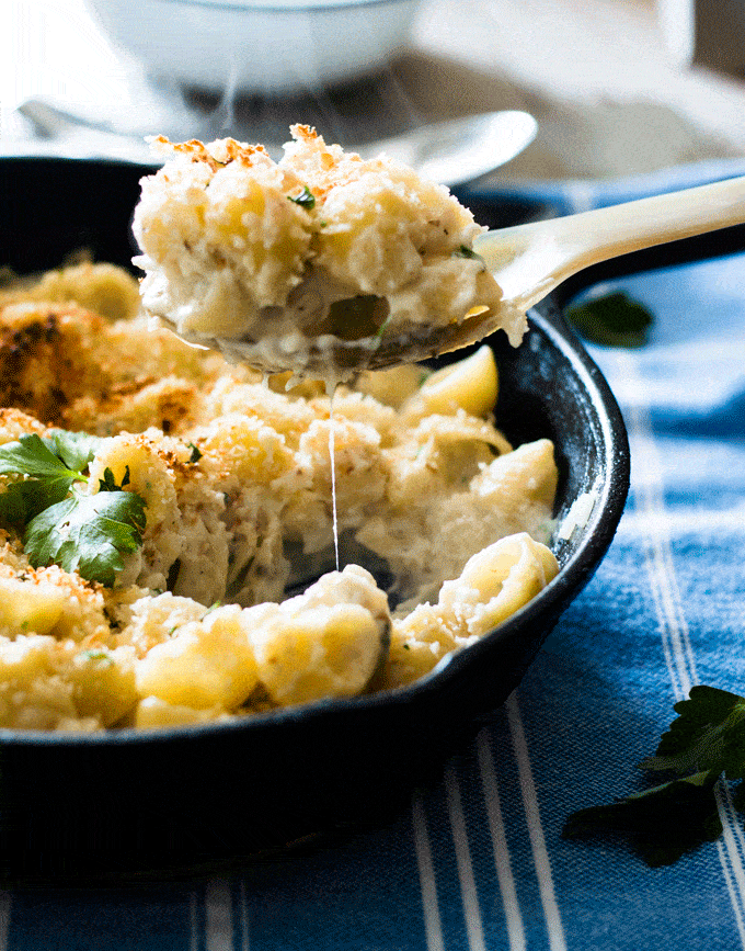 Gruyere and Cauliflower Mac and Cheese Recipe. Lightened up Mac and Cheese loaded with sneaky veggies the kids won't even notice