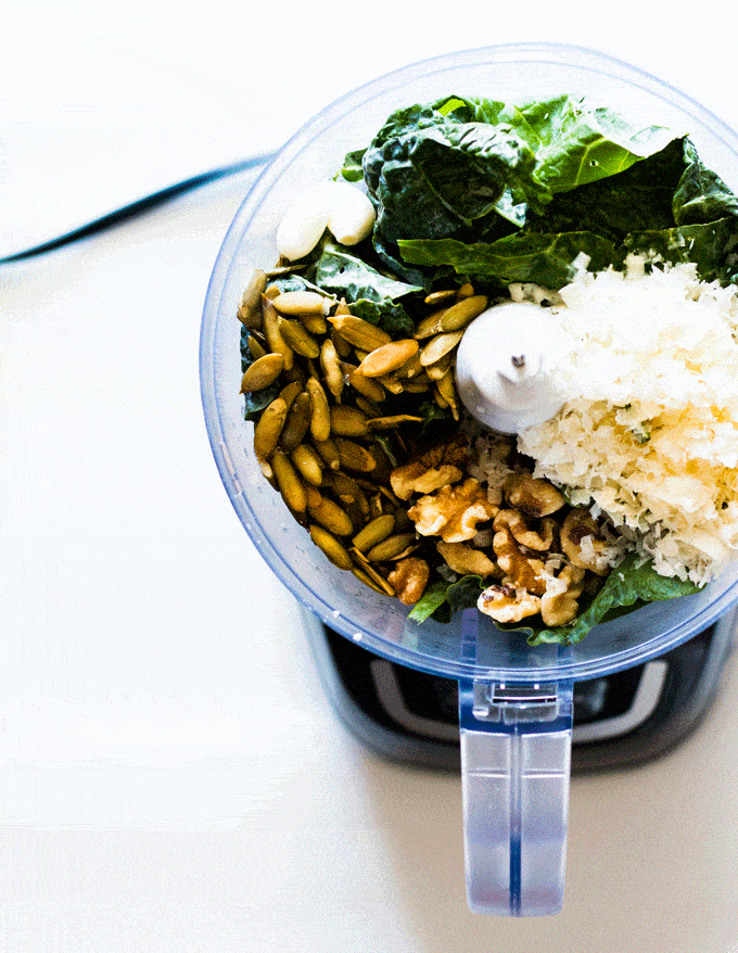 Quick Kale and Walnut Pesto with Sunflower Seeds