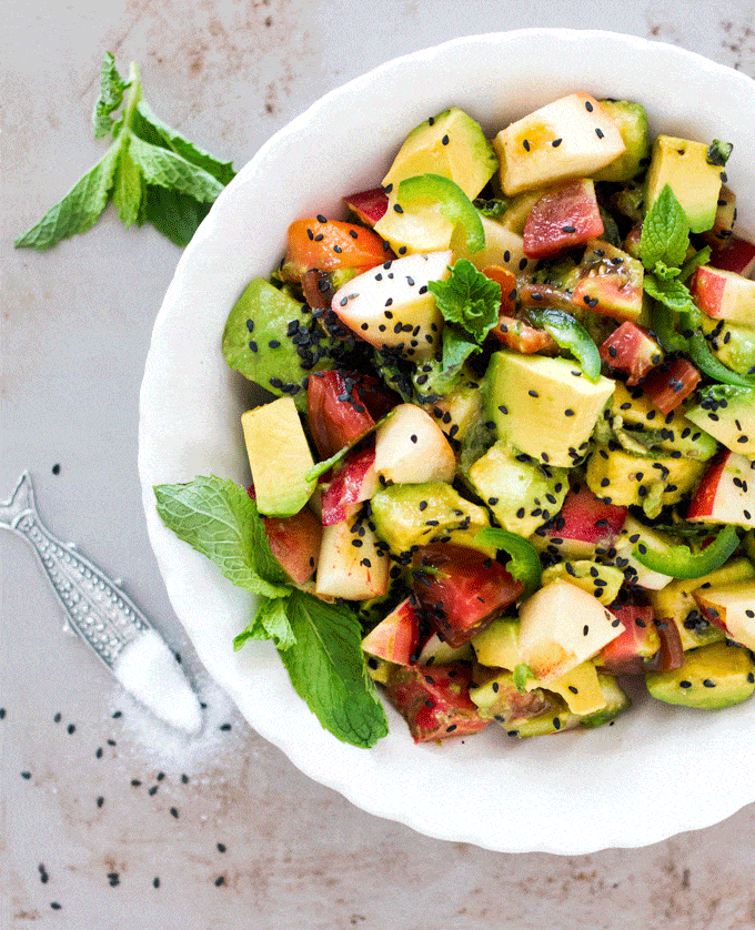 Tomato and Nectarine Salad. A great little unique salad showcasing all of summers beautiful fresh flavors 