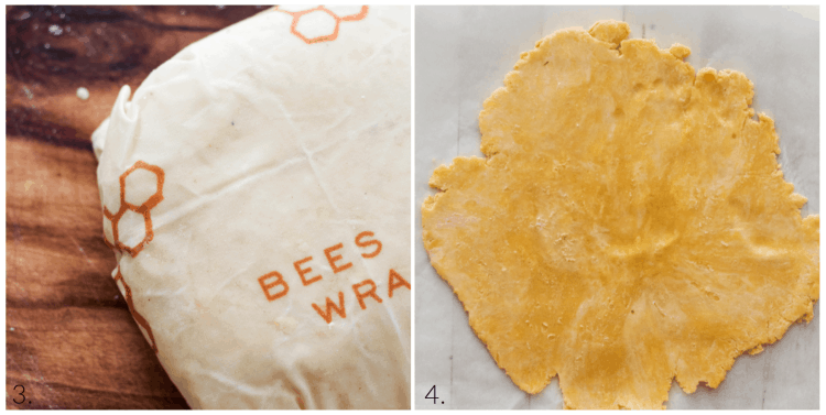 making crostata dough: wrap in beeswax or cling wrap and put in the fridge for an hour. Roll into a rough circle