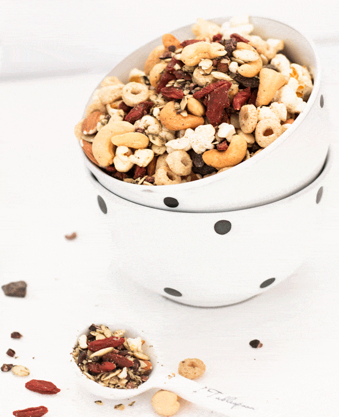 Fruit and nut mix served in a black and white spotty bowl