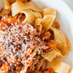 up close shot of Slow Cooked Pork Mince Ragu in a white bowl