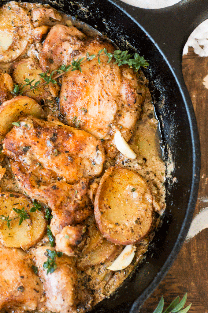 One Pan Creamy Garlic Chicken with Potatoes and Garden Herbs - Whole ...