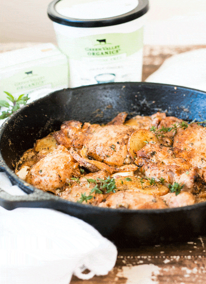 One Pan Creamy Garlic Chicken with Potatoes and Fresh Garden Herbs