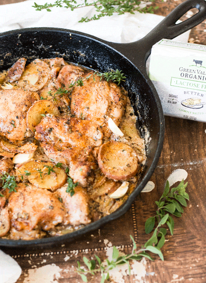 One Pan Creamy Garlic Chicken with Potatoes and Fresh Garden Herbs