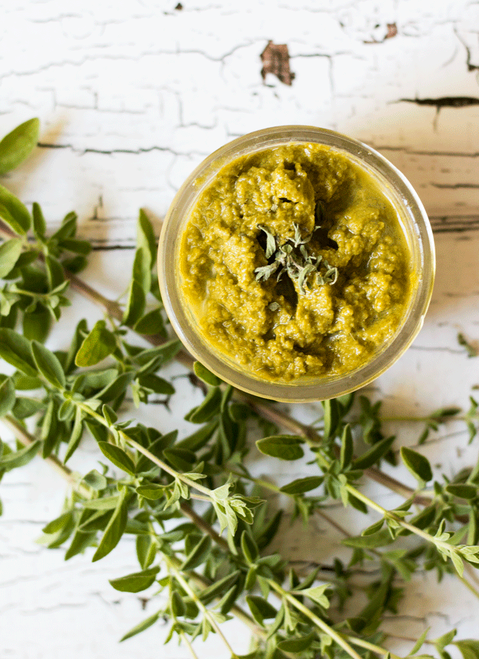 Oregano pesto in a glass mason jar