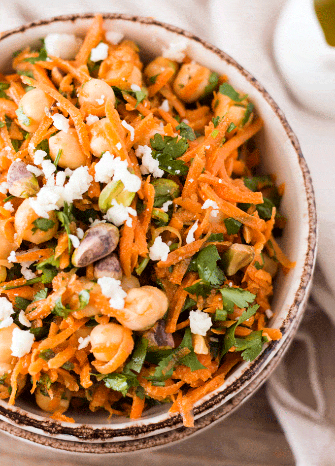 Moroccan Carrot Salad in a white bowl
