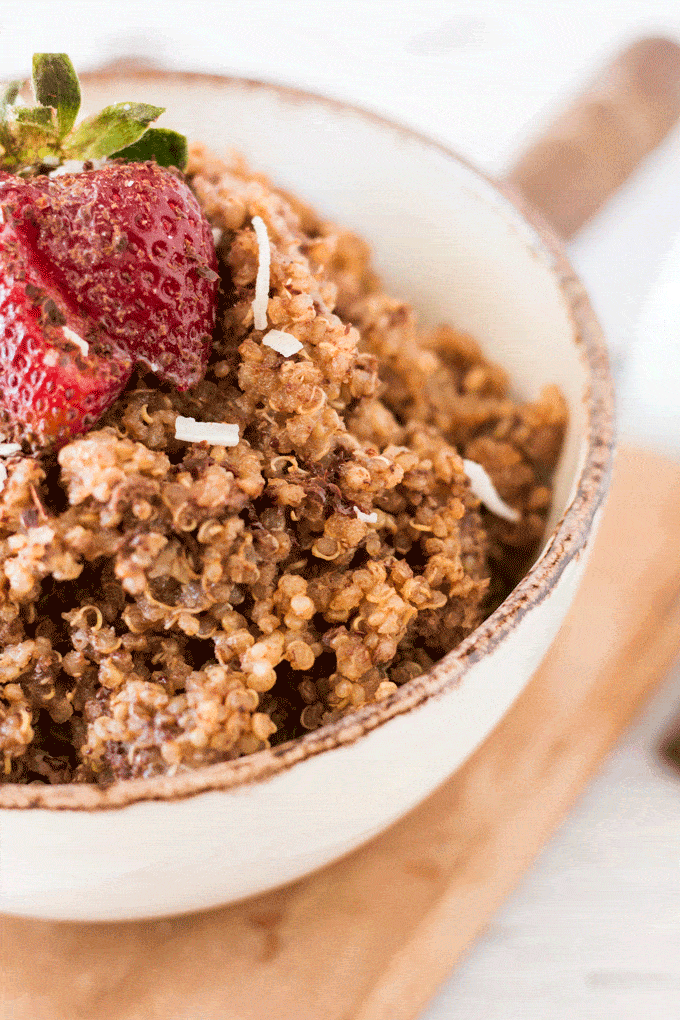 Instant Pot Breakfast: Chocolate Covered Strawberry Breakfast Quinoa in an off white bowl with brown rim