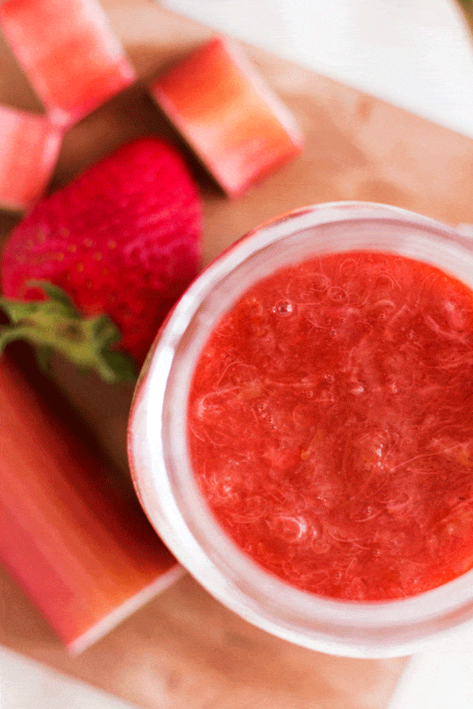 Strawberry Rhubarb Compote from the top view in a large mason jar