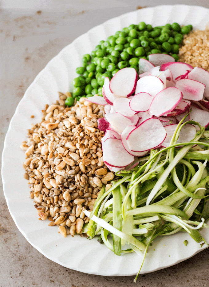 Deconstructed Radish Pea and Quinoa Shaved Asparagus Salad on a white plate