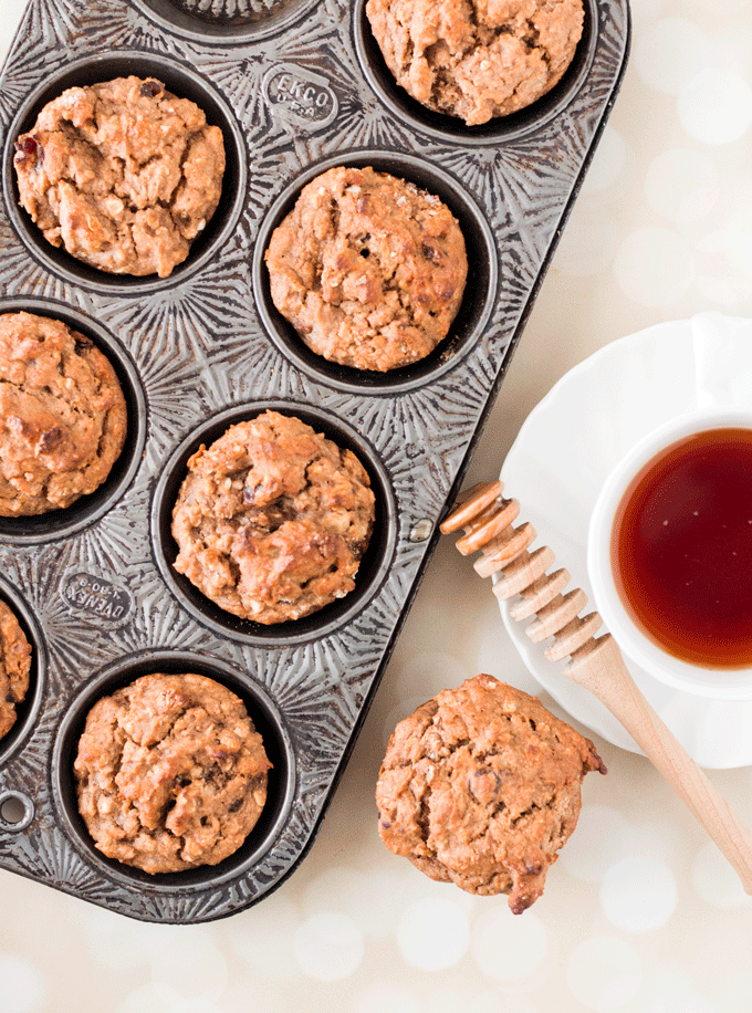 Oatmeal, sweet potato banana and date muffins in an old textured muffin tin