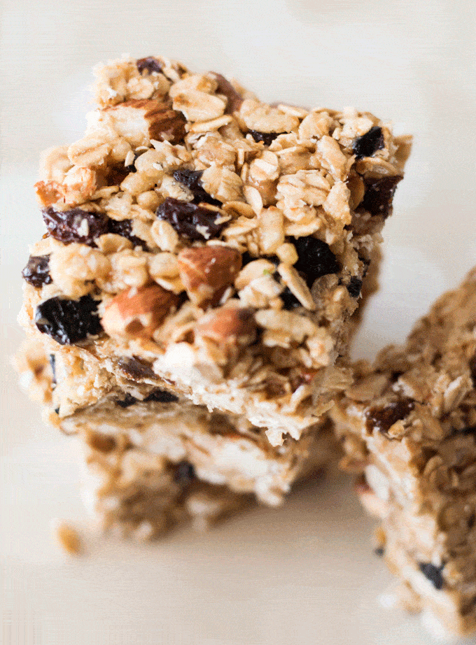 stack of Honey Almond and Tahini Healthy No Bake Granola Bars for hanger management