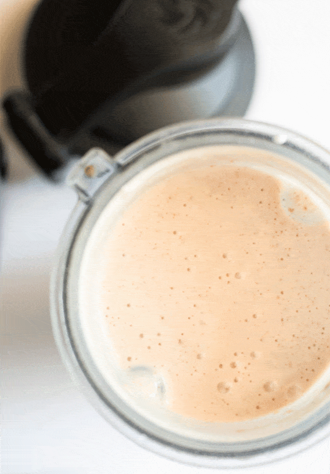 up close shot of banana cinnamon roll smoothie