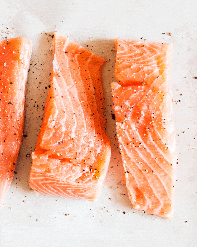 raw salmon fillets used in Teriyaki Salmon Bowl with Avocado and Pickled Radish