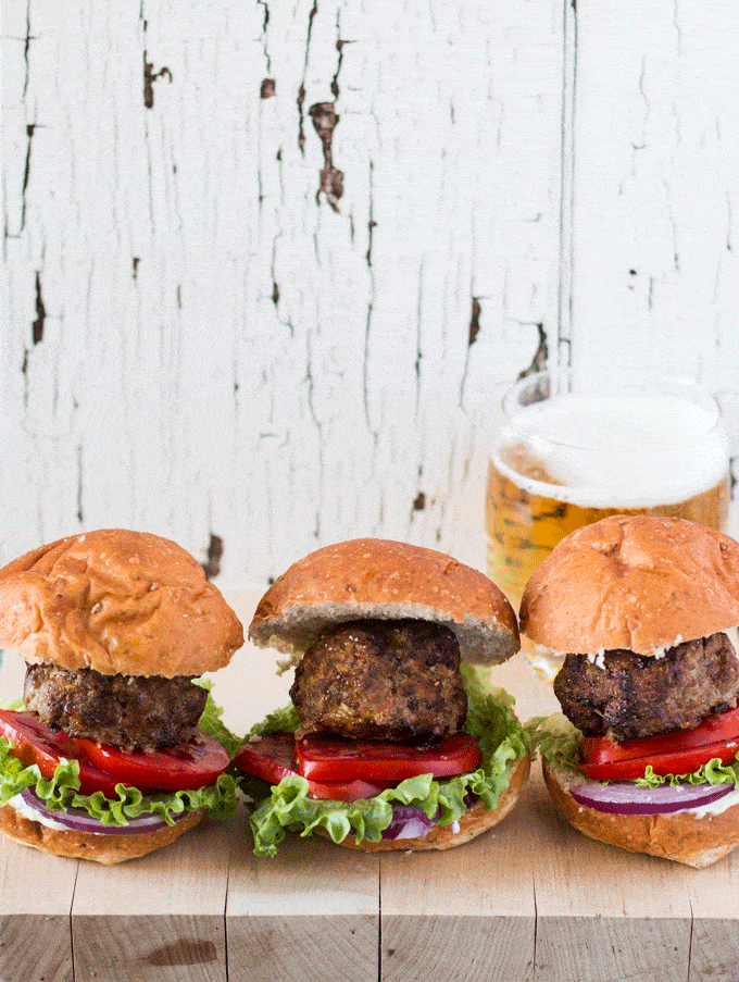3 Air Fryer Paleo Meatloaf Sliders with a beer in the background