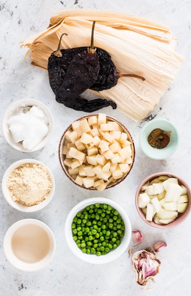 Flat lay of ingredients needed to make vegetarian tamales