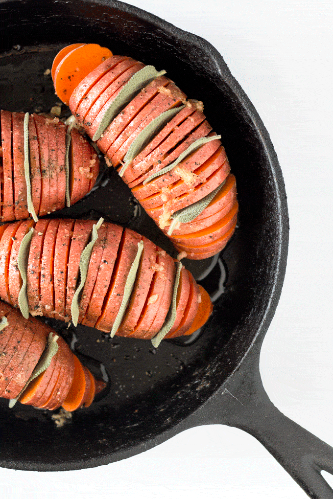 Fresh sage leaves added to Parmesan and Sage Hasselback Sweet Potatoes