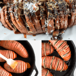 Hasselback Sweet Potatoes pinnable image showing the steps involved in making the sweet potatoes