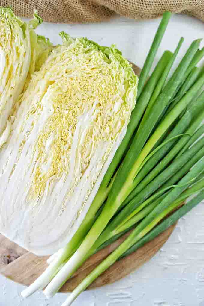 Cabbage and spring onions for Crispy Tofu Crunchy Noodle Salad