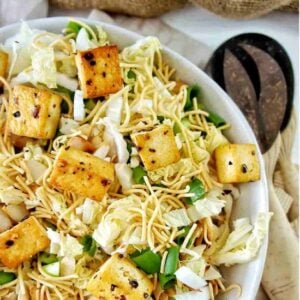 Up close shot of Crunchy Noodle Salad with Crispy Tofu and Cabbage