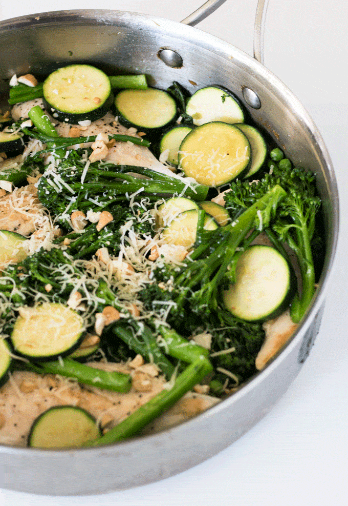 saucepan full of One Pan Lemon Parmesan Chicken with Garlic Butter Veggies