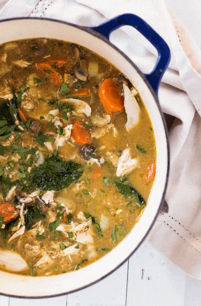 dutch oven full of roast chicken and Immune boosting soup
