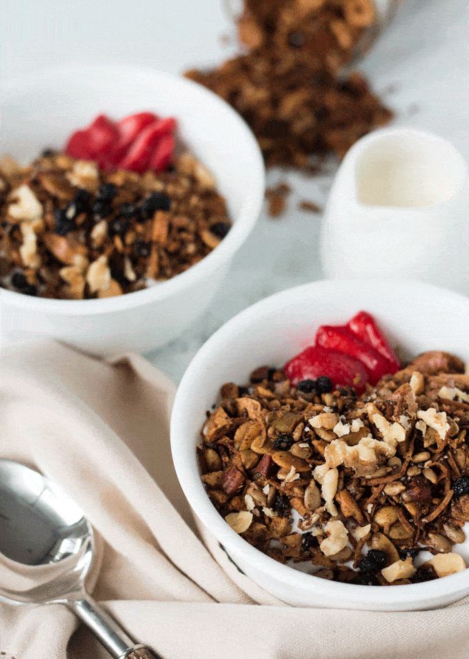 sugar free granola in w white bowl topped with strawberries
