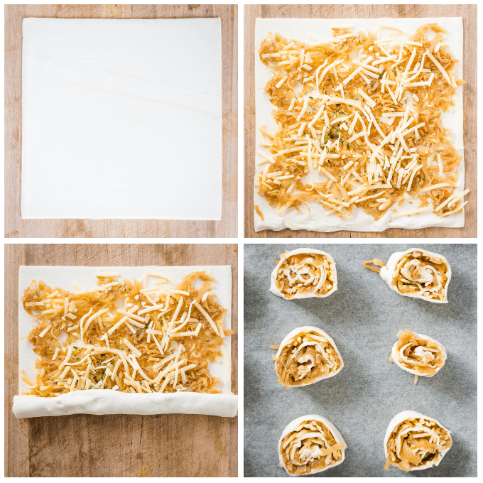 step by step guide on making  a caramelized onion puff pastry appetizer