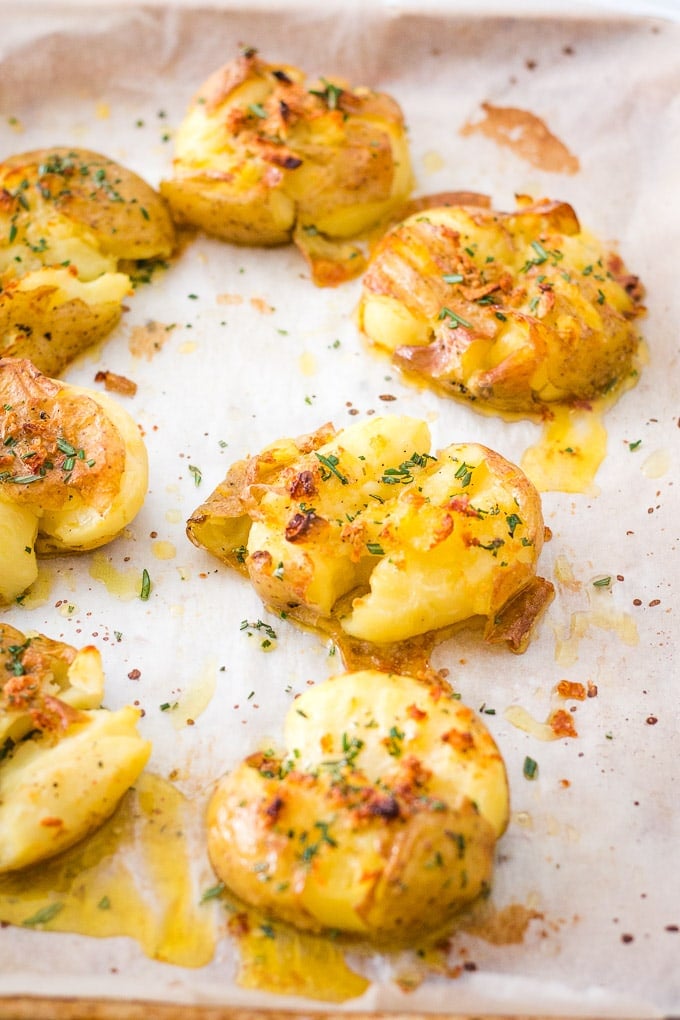 baking sheet of smashed potatoes 