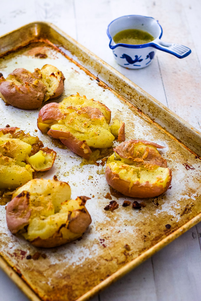lemon garlic potatoes on baking tray