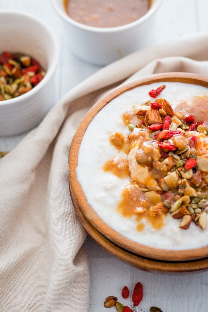 winter porridge served in a wooden bowl