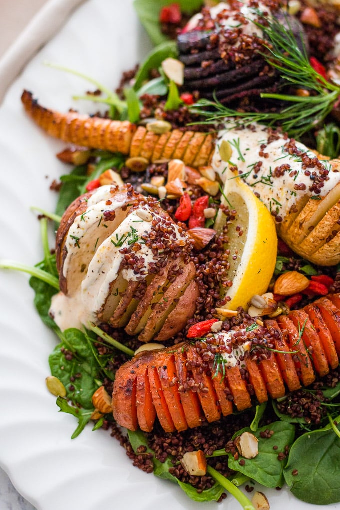 warm winter vegetable salad on a white platter plate