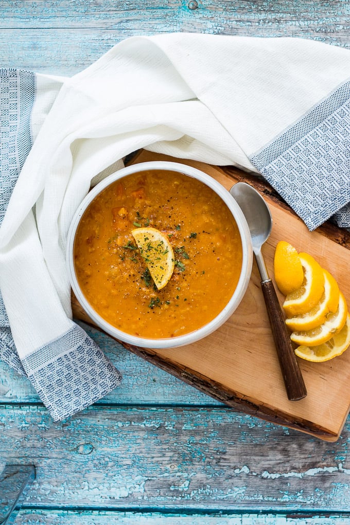 Carrot and Lentil Soup on a wooden board