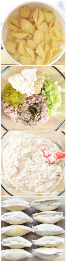 How to make tuna salad stuffed jumbo shells. Cook the pasta, mix the ingredients, stuff the shells