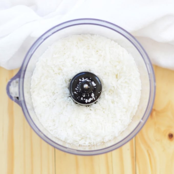 coconut in a food processor for making coconut butter