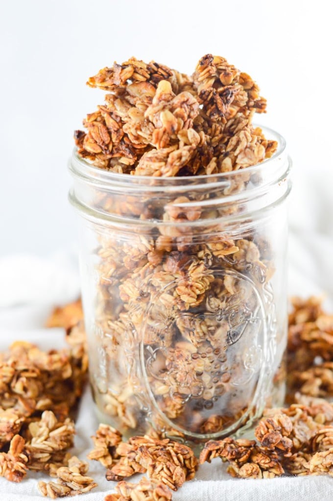 Banana bread granola in a mason jar