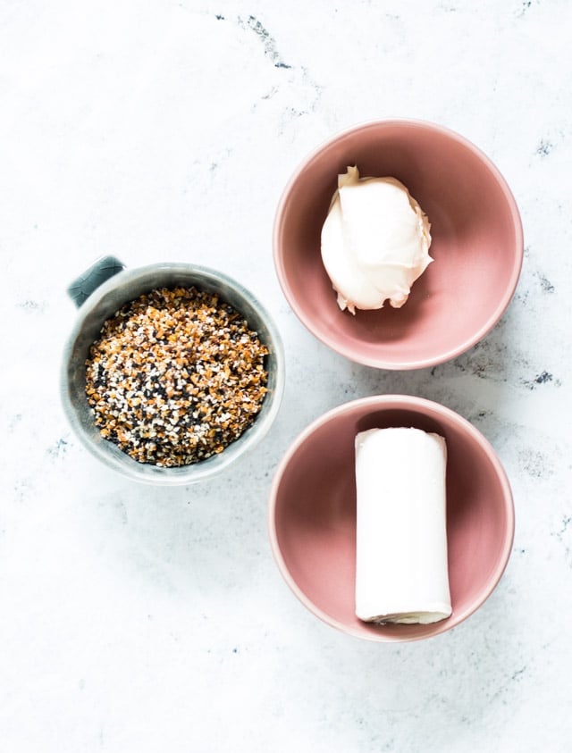 Ingredients for Everything Bagel Cheese Ball served in small bowls