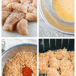 Process shots for how to make homemade chicken nuggets: seasoned chicken, dip in egg, dip in breadcrumbs, cook in air fryer