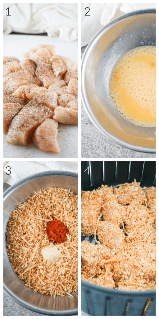 Process shots for how to make homemade chicken nuggets: seasoned chicken, dip in egg, dip in breadcrumbs, cook in air fryer