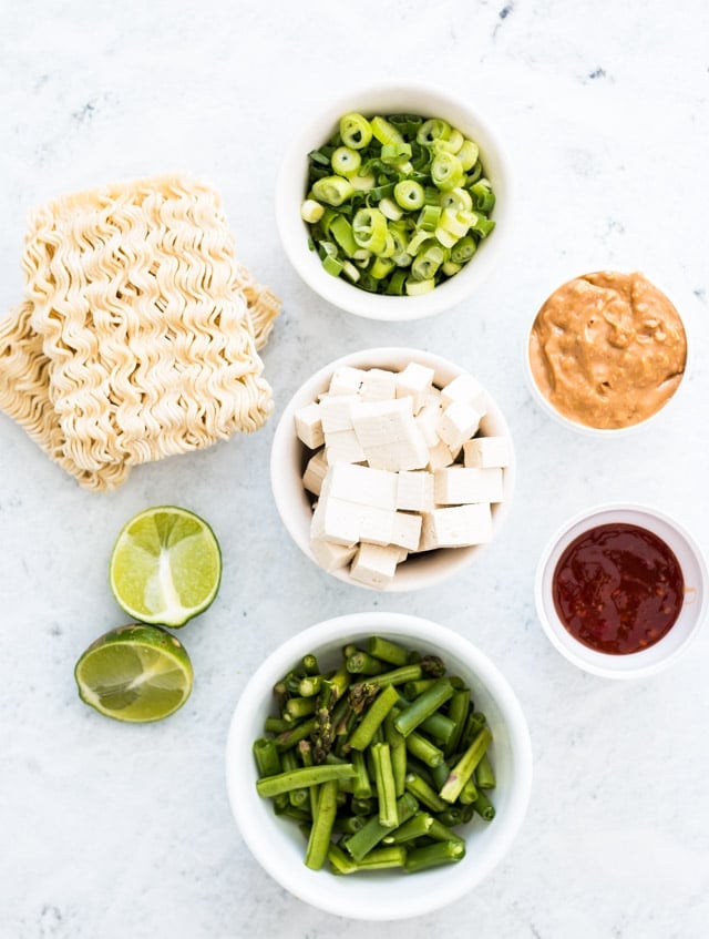 flat lay of ingredients needed for homemade spicy peanut ramen